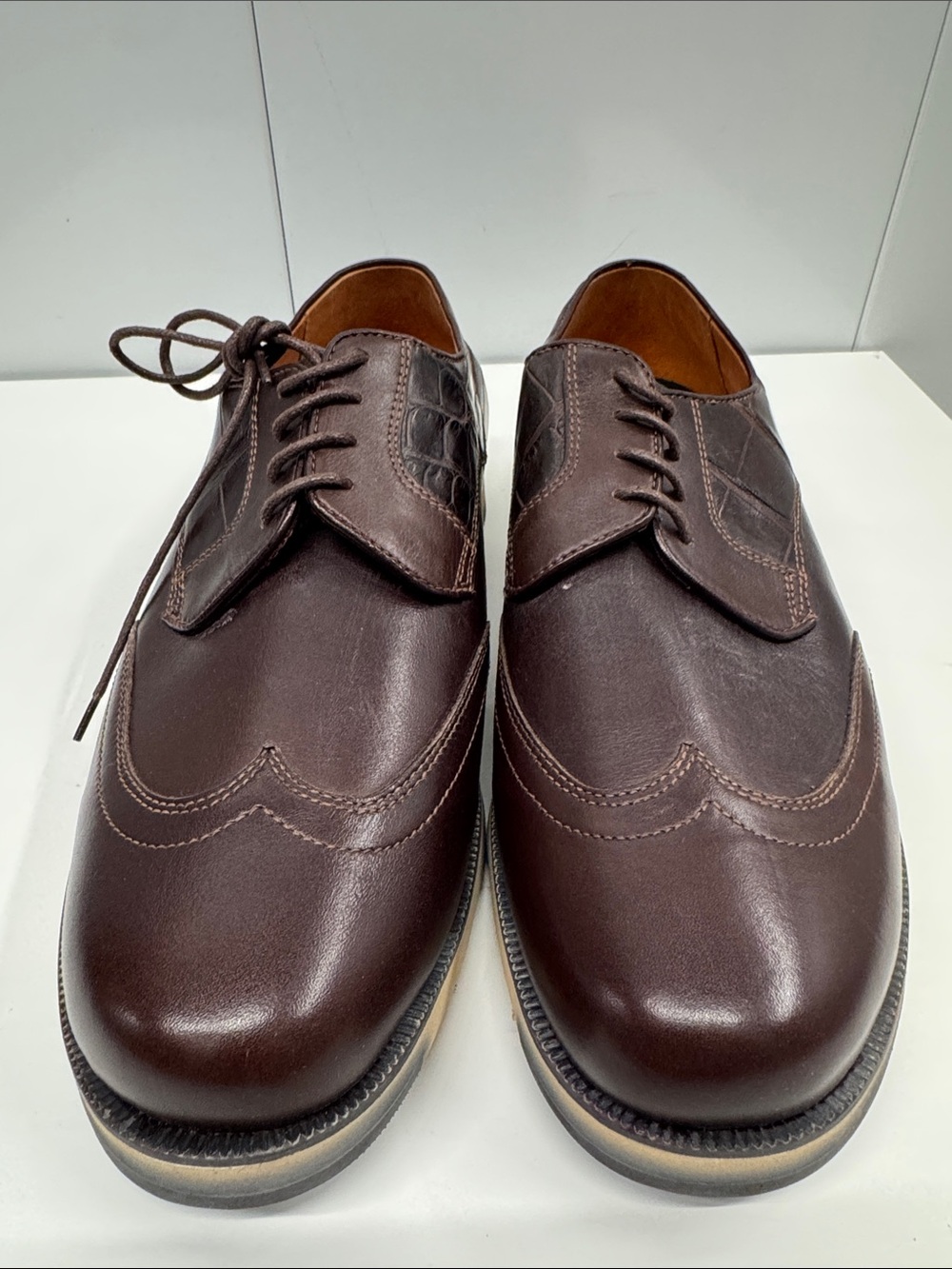 Caporicci real genuine, alligator trim Lace-Up Wingtip Derby - Dark Brown